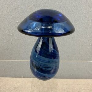 Signed John Lewis Studio Art Glass Mushroom Paperweight Cobalt Blue Swirl